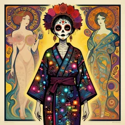 cute punk goth fashion hippy fractal Día de los Muertos alien girl wearing kimono made of circuits and leds by Mario Testinoa, propaganda poster art by Hannah Höch Victor Moscoso Rick Griffin Alphonse Mucha Gustav Klimt Ayami Kojima Amano Charlie Bowater