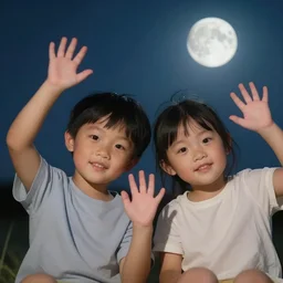 portrait of cute little kids waving their hands, dreamy matte painting, night time, photorealistic faces and skin tones, volumetric lighting, smooth, trending on artstation, moonlit backdrop