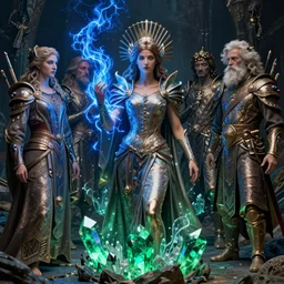 the female arcanist and the male artificer by zacharias aagaard and albert bierstadt and gerald brom and zdzisław beksinski and james gilleard and wayne barlowe and marc simonetti, beautiful, robes, highly detailed, hyperrealistic, intricate, energy, electricity, blue flame, low light, green crystal, high contrast