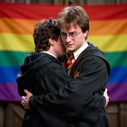 harry potter hugs voldemort pride flag in background