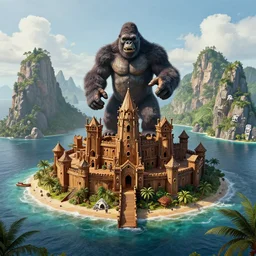 wooden fortress on a tropical island with ruff shore cliffs, skull Island, kingkong,landscape, raphael lacoste, eddie mendoza, alex ross, john howe, concept art, matte painting, highly detailed, rule of thirds, dynamic lighting, cinematic, detailed, denoised, centerd, clean render