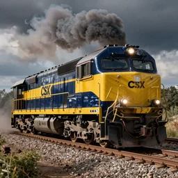 csx old looking train navy blue and yellow, smoke, high detail