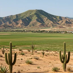 a variety of a scenery of a hill, mountain, plain, and a desert with cactuses, realistic digital art, high - resolution, highly detailed, trending on aststation