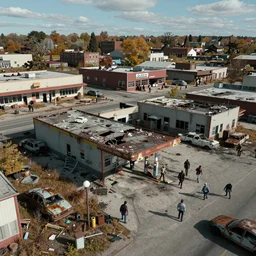 top down aerial view of dilapidated zombie - apocalypse gas - station with supermarket and restaurants in real life, desolate with zombies, dilapidated, zombies in the streets, nightmarish, some rusted style parked vehicles, sunny weather, few clouds, volumetric lighting, photorealistic, daytime, autumn, sharp focus, ultra detailed, cgsociety