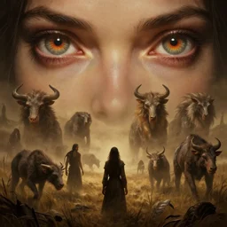 epic professional digital art of hungry eyes, ambient tan light, painted, mysterious, cinematic prairie terrifying animals scene, person person, eerie, mythic, detailed, intricate, grand, leesha hannigan, wayne haag, reyna rochin, ignacio fernandez rios, mark ryden, van herpen, artstation, cgsociety, wlop, stunning, gorgeous, epic epic