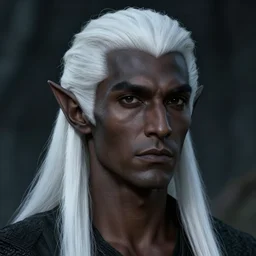 a portrait of a dark drow elf male, long length slick white hair, charcoal skin, relaxed eyebrows, handsome, smooth skin, young adult in with late twenties, raised eyebrows, pointed chin, charcoal color skin, style by donato giancola, wayne reynolds, jeff easley dramatic light, high detail, cinematic lighting, artstation, dungeons and dragons