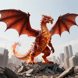 a super realistic dragon that is on fire standing dramatically on a destroyed city, ultrawide shot, surreal, sharp focus, digital art, epic composition, concept art, dynamic lighting, intricate, highly detailed, 8 k, unreal engine, blender render