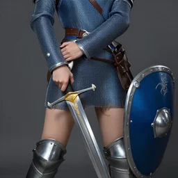 girl in blue chain mail armor, hand on the sword, with shield down by loles romero