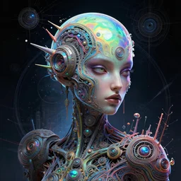 android hybrid of human and martian of abstract. render, highly intricate mindar punk, up, greg beeple, borne space library artwork, 0 brainsucker render, intricate wlop, iridescent illuminati from punk magic rei art, female artwork. accents octane zdzisław guadosalam
