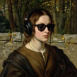 a pre raphaelite painting of daisy ridley wearing headphones and sunglasses in a beautiful forest near an old stone wall, by dante gabriel rossett