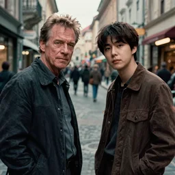 film still of bryan cranston and jungkook in cosmic horror! the musical by david cronenberg, budapest street background, 3 5 mm film, atmospheric, ultra fine detail, film grain, photorealistic, hyperrealistic dramatic lighting