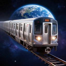 3 d render nyc subway train floating in cosmos, r 6 2 a train, earth orbit in the background, hyperrealism, ultra detailed, front locomotive view, unreal engine 5, octane render, 8 k wallpaper