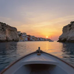 looking out from a small dinghy on the water, low angle from water pov, wide angle, sunset, a mediterranean phoenician fishing village in the distance, over a chalk cliff, highly detailed, digital painting, artstation, concept art, sharp focus, illustration, art by artgerm and greg rutkowski and raphael lacoste and magali villeneuve