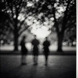 silhouettes behind the trees, pinhole camera effect, lomography effect, analogue photo quality, monochrome, blur, unfocus, oil on linen, Chiaroscuro, painted by Giovanni Baglione, photos 90s colors