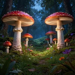 forest of giant red spotted Amanita muscaria mushrooms, shafts of lighting, cinematic lighting, field of exotic flowers and plants, grassy path, unreal engine, cinematic lighting, blue sky, rolling fields, ultra detailed, concept art, realistic, moody, white cuts, no depth of field, trending on artstation, garden landscape scene