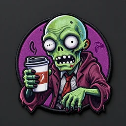 patch logo design, zombie holding coffee cup, high detail spiral design