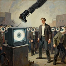 a painting of a crt television broadcasting propaganda, lots of people walking with an eye as their head, there is one normal person, a young man, he looks tall and strong but he is frightened about what is going on around him, a boot comes from the sky to stamp on people. s 1 5 0