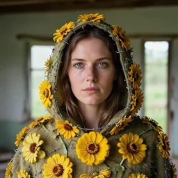 closeup portrait of a woman wearing a hooded cloak made of zinnias and barbed wire, in a derelict house, by Martin Schoeller, natural light, detailed face, CANON Eos C300, ƒ1.8, 35mm, 8K, medium-format print
