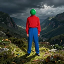 a red shirt, blue trousers, a green ball