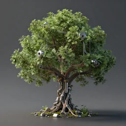 a never seen before beautiful small tree. complex highly detailed mechanical world. steel, cybernetics, links, post apocalyptic, volumetrics, high details, intricate, greg rutkowski, unreal engine 5, 4 k.