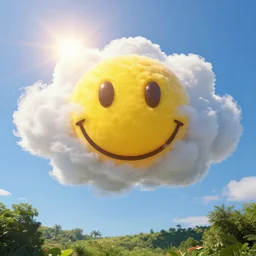 fantastical vibrant smiley face shaped cloud in a nature scene by marc adamus, high definition, sun breaking behind the smiley face