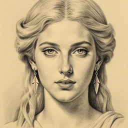 pencil drawing of a beautiful greek goddess aphrodite with arrowhead earrings, beautiful piercing eyes, beautiful blonde hair, hyper realistic face, in the style of greg rutkowski, fantasy, amazing detail, epic, elegant, smooth, sharp focus, from the front
