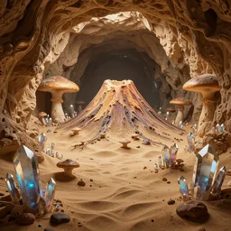 volcano sand cavern mushroom city of crystals, high detail, photorealistic, unreal engine render, matte, sharp focus, concept art