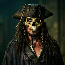 scene of a dirty rugged old pirate lord wearing dirty old black hat, black coat and a worn and stained skull bone mask, long black beard and long black hair, dark scene with dim light, movie scene gold and teal, depth of field