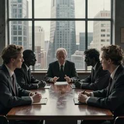 cinematic view of orwellian shadow figures arguing at a boardroom table in front of a skyscraper window by jorge jacinto, depth of field, sharp focus, industrial art style, intricate, high detail, digital painting, ultra realistic, cinematic lighting, artstation, 3 5 mm film grain