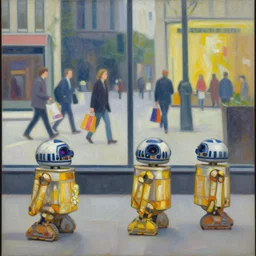 in the background through the window there is people moving around with shopping bags, and droids walking, painterly style by bill sienkeiwicz