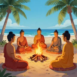 five buddhas sitting in a circle around a campfire at the beach with palm trees in the back, matte painting concept art, vibrant color, detailed