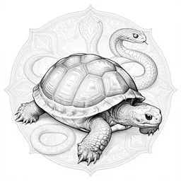 a beautiful painting of full - body turtle with turtle shell another side with snake head, wisdom, good and evil, white ink + magical + symmetrical + detailed intricate + heraldic design + atmosphere ， by peter mohrbacher and kentaro miura + high details, in the style of jean delville, artstation, 8 k, tarmo juhola, ivan laliashvili, james gurney, moebius, roger dean, wlop, victo ngai, 4 k, cinematic