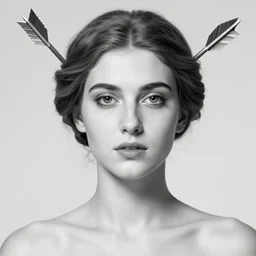 beautiful aphrodite goddess wearing an arrow on her head, realistic face, beautiful eyes, black and white drawing, in the style of greg rutkowski, fantasy, amazing detail, epic, intricate, elegant, smooth, sharp focus