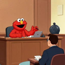 elmo testifying in court, being defended by saul goodman, courtroom sketch