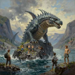 sea monster, fjord, extremely detailed oil painting, unreal 5 render, rhads, sargent and leyendecker, savrasov levitan polenov, bruce pennington, studio ghibli, tim hildebrandt, digital art, landscape painting, octane render, beautiful composition, trending on artstation, award winning photograph, masterpiece