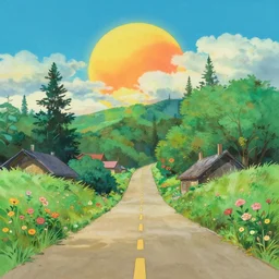 empty village runway panorama in the woods with beautiful sky and giant sun, bloom, on, painting by ghibli pixar disney traditional gouache painting