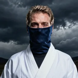 photograph of geert wilders with sharingan eyes wearing akatsuki robe, dramatic lighting, dark clouds