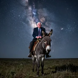 bernie sanders on a quest, riding a donkey, milky way background, astrophotography, bold natural colors, national geographic photography, masterpiece, 8 k, raw, unedited, symmetrical balance