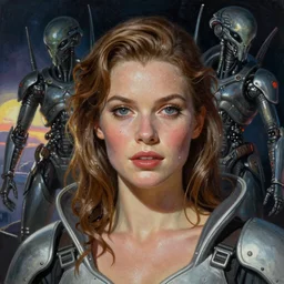 A mixed media portrait painting of a very beautiful light-brown-hair starship-troopers woman on an alien planet, sweat, aesthetic symmetrical face and eyes, model, wet, pacific-rim-mech in background, dawn of the space age pinup style, by Frank Frazetta, Beeple, Greg Rutkowski, Christian MacNevin, epic fantasy character art, high fantasy, CGsociety, exquisite detail, post-processing, masterpiece, cinematic