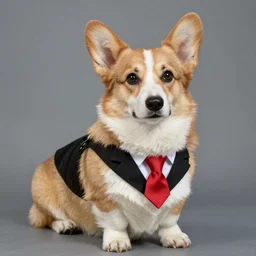 corgi wearing a black tuxedo and a red tie