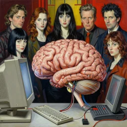 realistic detailed image of a human brain connected with wires and cords to a 9 0 s computer, ayami kojima, amano, karol bak, greg hildebrandt, mark brooks, neo - gothic, rich split - complementary colors. beksinski painting, david cronenberg, adrian ghenie, gerhard richter, takato yamamoto. masterpiece. realistic detailed image