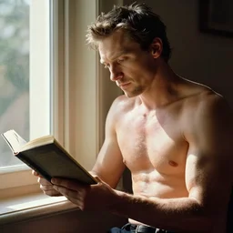 michael fassbender reading a book by the window, bright sunlight shines on his shirtless oil covered skin, painting by gaston bussiere, craig mullins