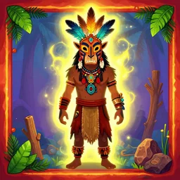a person dressed up as a totem animal tribal chaman vodoo mask feather gemstone plant wood rock video game illustration vivid color borderlands by josan gonzales and dan mumford radiating a glowing aura