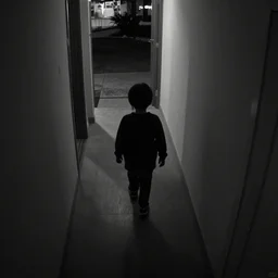 scary kid walking on home corriders, night time, dashcam footage, black and white, security cam