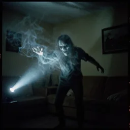 kodak portra 4 0 0, horror demon evil transparent smoke fog spirit attacks in living room interior photo shot on iphone, dynamic pose, close body shot, sharp focus, grainy, corpse, paranormal, long exposure, flashlight, night, total darkness, poltergeist, aberrations,