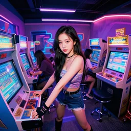 nayeon in an eighties arcade, wide angle, high quality by artgerm