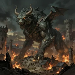 oimmortal beast from chinese mythology, deamland of concept art, fall of the ancien regime, medieval cityscape with darker skies and fires, ghibli, photorealistic, digital studio art, beksinski