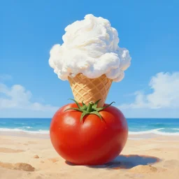 a realistic painting of a tomato on a very sunny beach eating ice cream in a cone but the icecream is made of white clouds on a blue sky