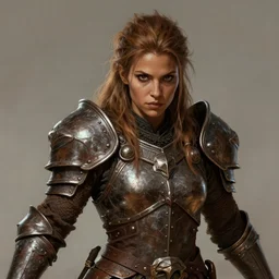 Female barbarian, heavy brown metallic armor, beautiful, light brown messy hair, dark skin, brown eyes, detailed face, battle stance, high fantasy, extremely detailed, DND, D&D, matte painting