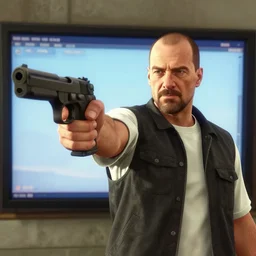 Walter white pointing a gun at the screen, GTA 5 screenshot
